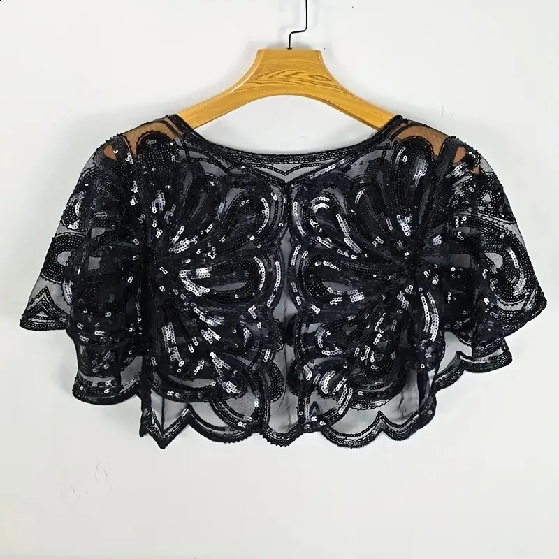 Vintage Sequin Floral Capelet Shawl Sparkling Embellished Party Accessory Hand Washable No Stretch Elegant Decorative Cape 260625 - view 6