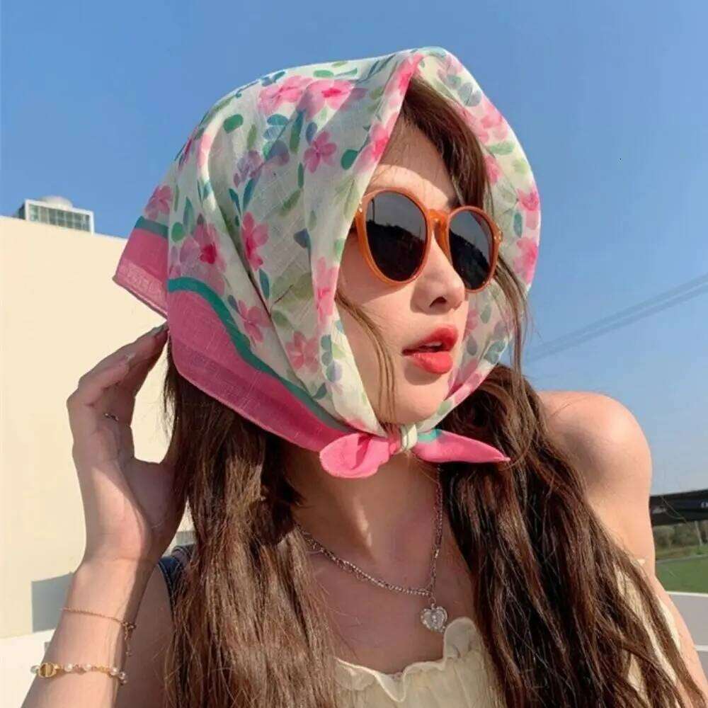 Women's Summer Cotton Linen Small Square Scarf Korean Style Bandanna Floral Print Headscarf Girls Hair Accessoories Shawl 26Y06226 - view 5
