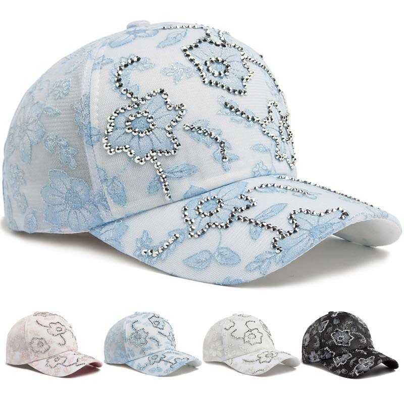 Print Women Baseball Flower Rhinestone Lace Breathable Sunshade Curved Brim Fashion Street Dance Party Casual New M260626