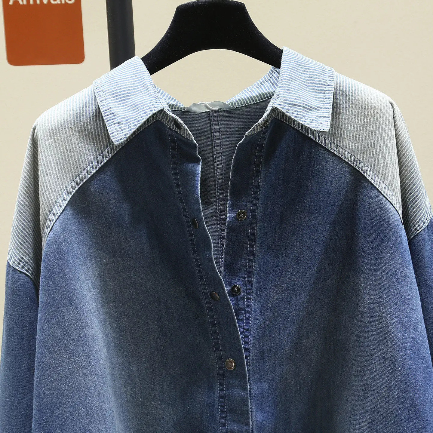 SuperAen Mid-length Vintage Striped Patchwork Denim Blue Shirt for Women 2026 Spring n Loose Shirt Tops 260626 - view 4
