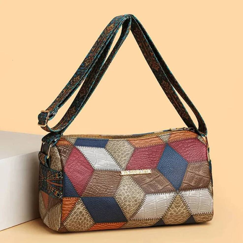 Neutral Square Color-Blocking Patchwork Commuting Single-Shoulder Crossbody Bag, Middle-Aged Mom Bag