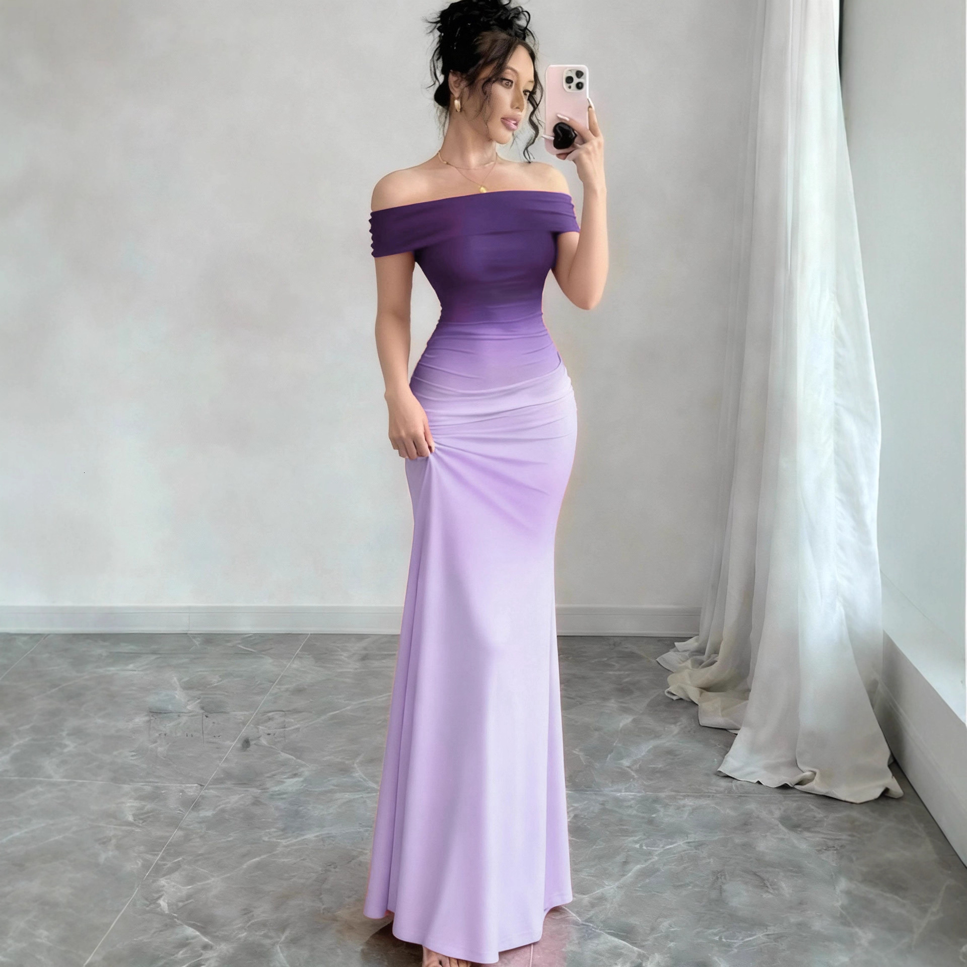 New fashion short-sleeve gradient off-shoulder bodycon long dress for cross-border European and American foreign trade - view 3