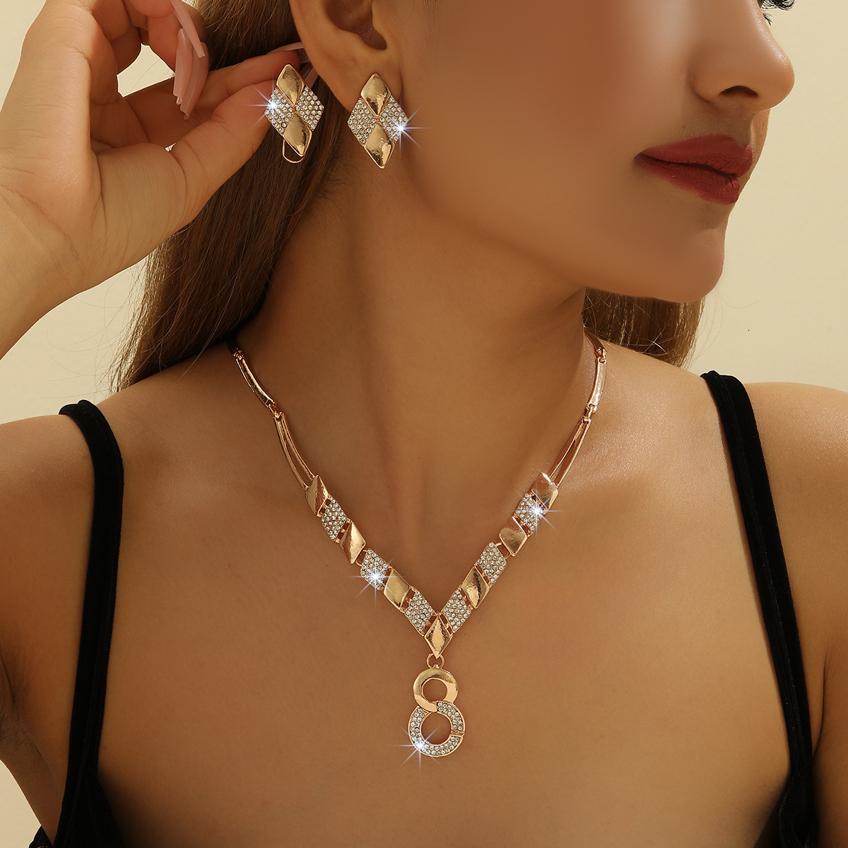 Gold Plated Geometric Square Rhinestone Jewelry Set Double Circle Figure 8 Pendant Bib Necklace Drop Earrings Women Evening Party Statement Costume Ac - view 3