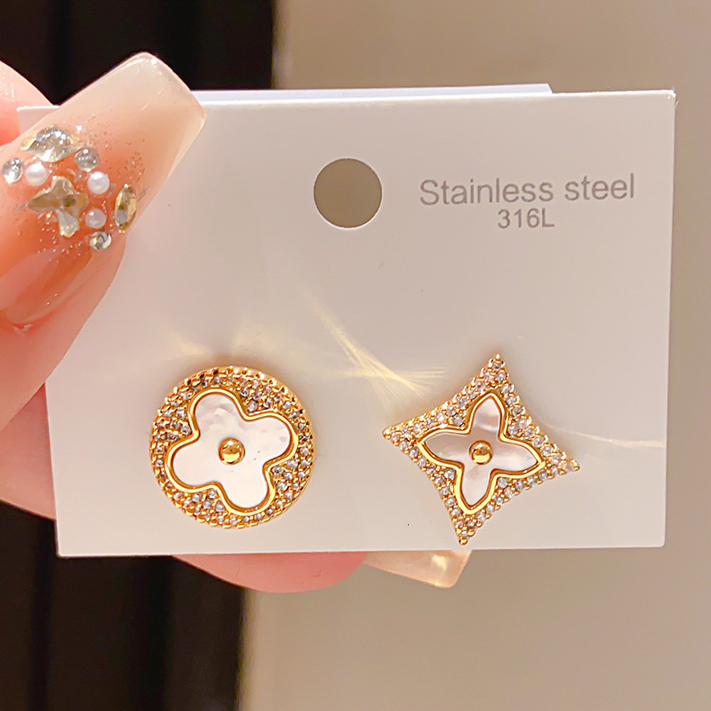 Earrings 18K Real Gold Plated Silver Needle Mother-Of-Pearl Asymmetric Round Diamond-Shaped Earrings Vintage Style Unique And Elegant With A High-End  - view 3