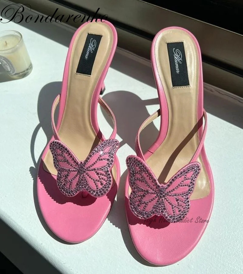 Pink Crystal Butterfly Flip Flop Sandals Women Stiletto High Heels Slipper Summer Party Beach Dress Shoes Mules 260626 - view 1