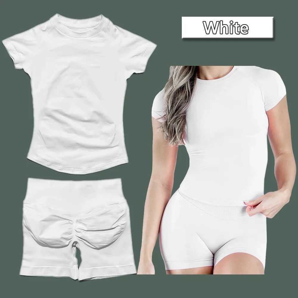 Sets Sports 2 Short Pieces Sleeve Seamless Yoga Top Fitness Set Women Workout Running Sports Shorts Gym Suit M260626 - view 4