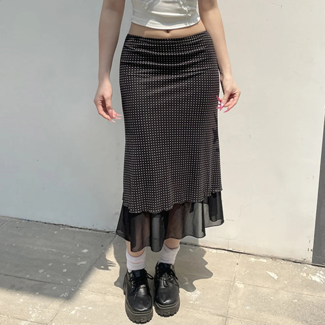 Chic Women Midi Skirt Polka Dot Double Layer High Waist Flowy Casual Elegant Skirts 2026 Spring Summer Street 260626