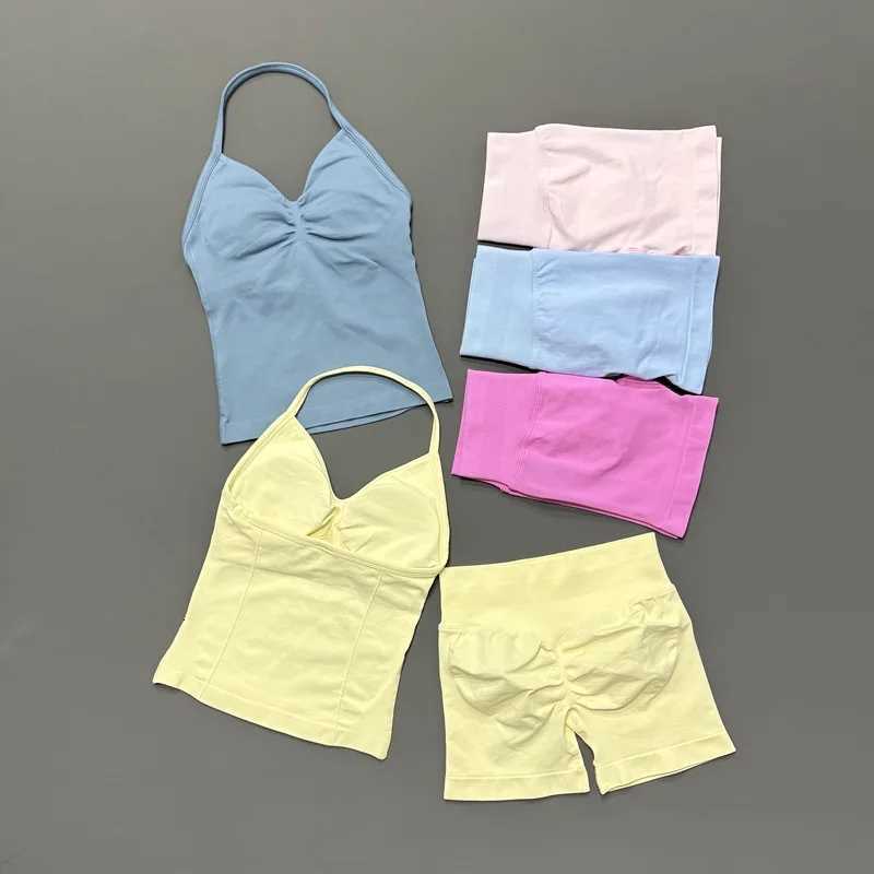 HISTELLO Yoga Set Women 2Pcs Halter Tank Top Scrunch Butt Lifting Shorts Ruched Anti Chafe Quick Dry Gym Workout Sports Set M260626 - view 6