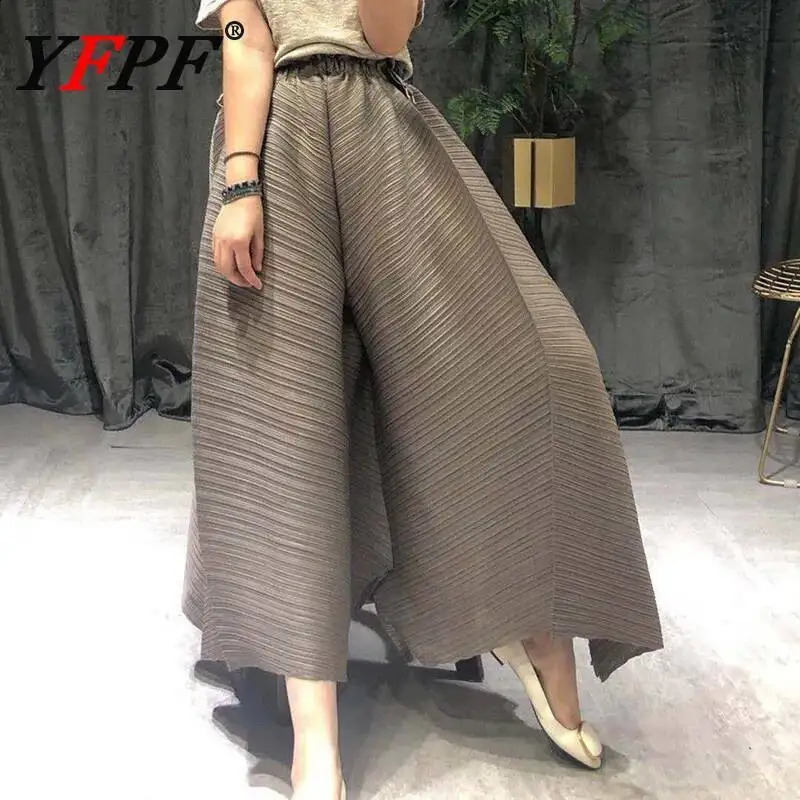 YFPF Fashion Wide Leg Pant For Women Pleated High Waist Solid Color Loose Long Trousers Casual 2026 Clothing 260625