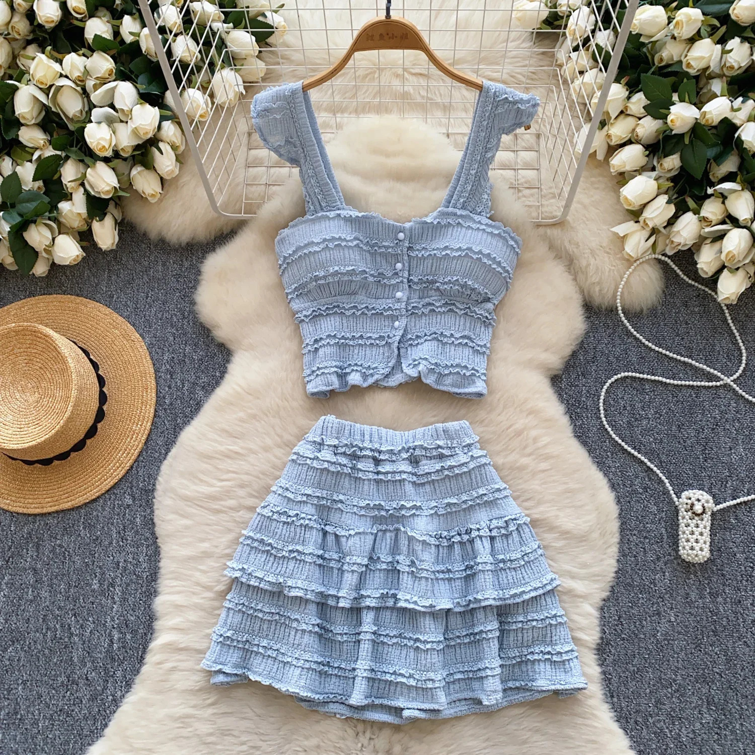 Summer Beachwear sweet Women Suits Strapless Edible Tree Fungus Chic TopsElastic Waist MIni Skirt Vacation Casual Sets 260625 - view 5