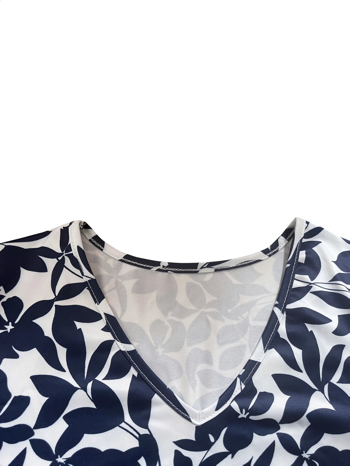 Womens Navy Blue Leaf Print Fit And Flare Dress Summer Casual V Neck Short Sleeve A Line Flowy Sundress 260625 - view 5