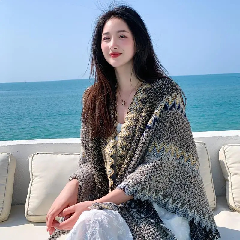 Ethnic Style Cape Oversized Sweater Jacket Women Fashion Loose Patchwork Warm Long Scarf Knitted Cardigan Woman 260625 - view 7