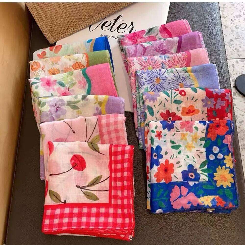 Spring Summer Thin Cotton Linen Small Square Sweet Floral Print Hair Scarf Headscarf Women Girls Elegant Decor Neckerchief 26Y06226