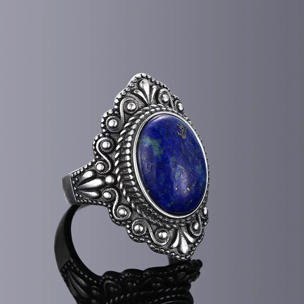 Retro Silver Plating Ring Oval Natural Labradorite Rings for Women Finger Gemstone Party Gift Jewelry 260625 - view 4