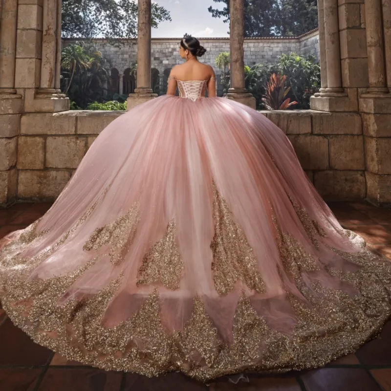 Mauve off-shoulder gown with heavy fishbone beaded lace hem and gradient full skirt Quinceanera semi-luxury dress - view 3