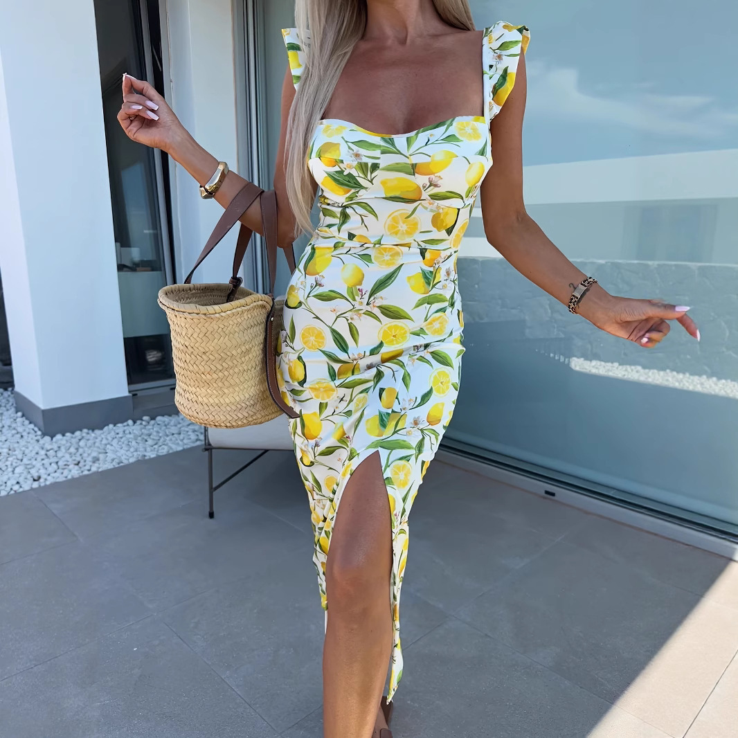 Womens Split Midi Dress Womens French Floral Thin Strap Elegant Design Slim Fit Mid Length Gown For Women Daily Wedding Banquet Dating Outfits - view 3