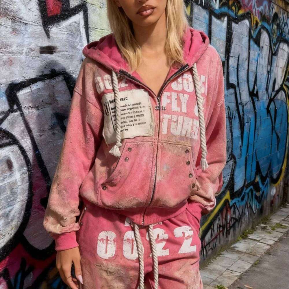 Y2k sportswear men's and women's hip-hop Harajuku retro patch print super large hooded sweatshirt W260626