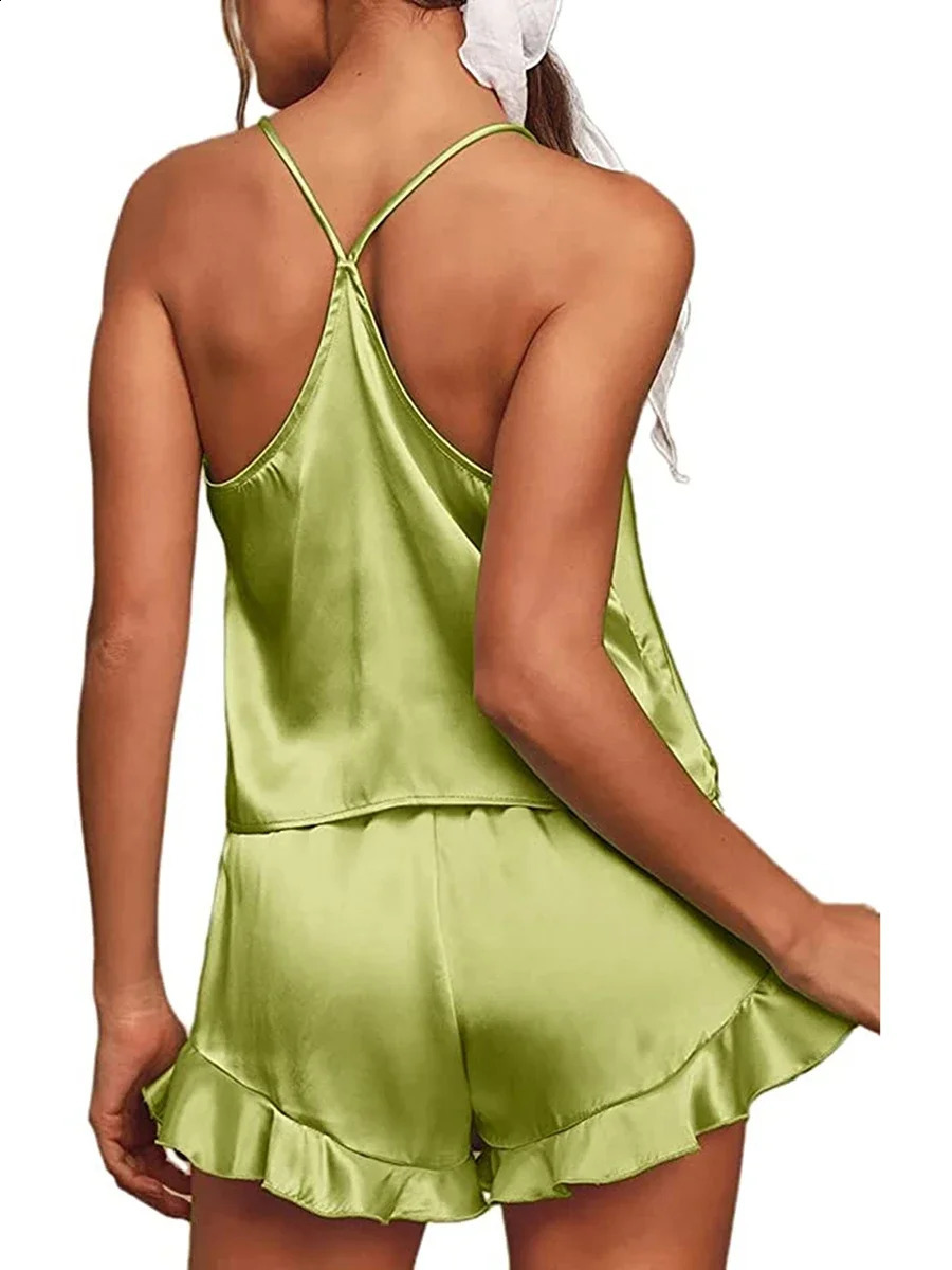 2 Piece Set Nightwear Solid Color Sleeveless Camisole Tops Ruffle Shorts Summer Pajama Set Loungewear 260625 - view 4