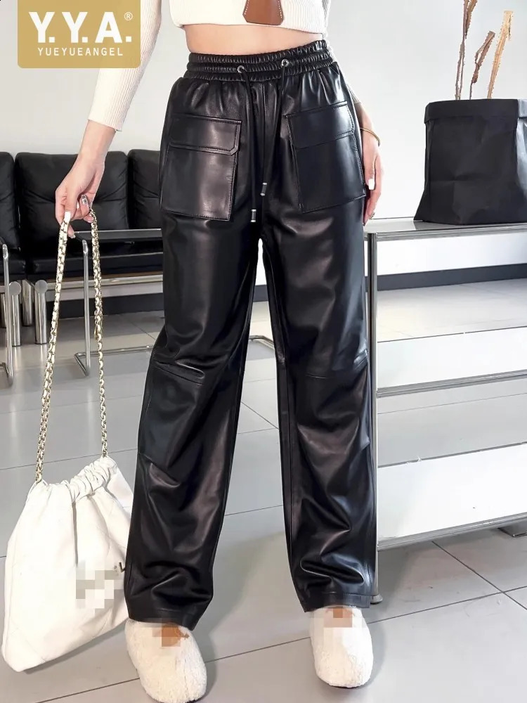 Fashion Women Genuine Leather Sheepskin Pants Spring Autumn High Waist Straight Trousers Street Casual Cargo Female 260625