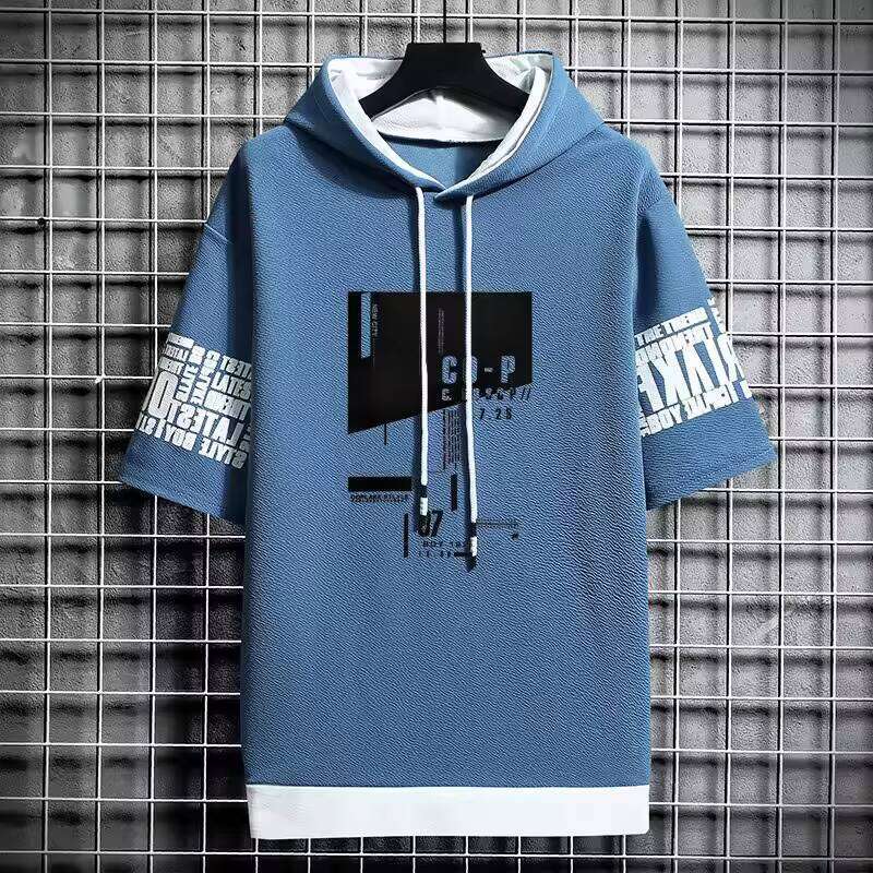 New Korean Style Men's Fashion Streetwear Half Sleeve Hooded Sweatshirts Casual Harajuku Prints Men Clothing Hoodies W260626 - view 6