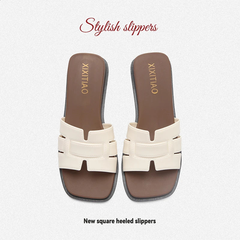 XIXITIAO 2026 Fashion Womens Color blocking Slide SandalsElegant Square Open Toe Slip On Wedge sandals Summer Beach Slippers 260626 - view 3
