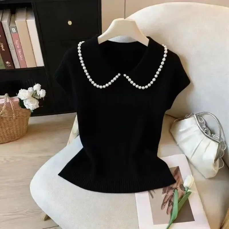 Fashion Summer Doll Collar Knitted Sweater Women Pullovers Short Sleeve Beading Knit Pullover Tops Knitwears Q4031 260626 - view 4