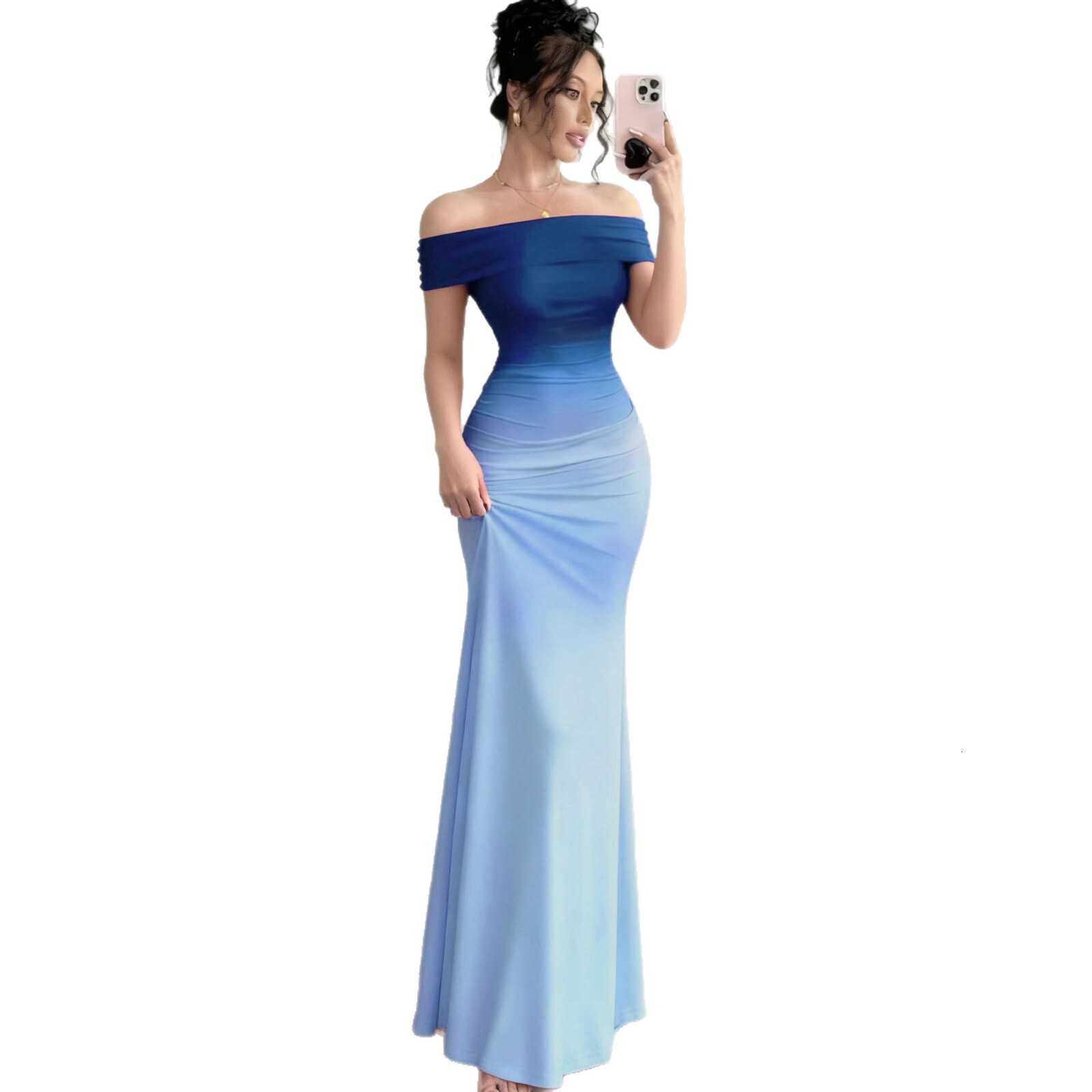 New fashion short-sleeve gradient off-shoulder bodycon long dress for cross-border European and American foreign trade - view 6
