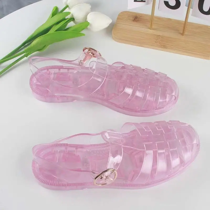 Womens Summer Baotou Hollow Jelly Sandals Soft Sole Non Slip Breathable Outdoor Beach Sandals Flat Sole Crystal Sandal 260626