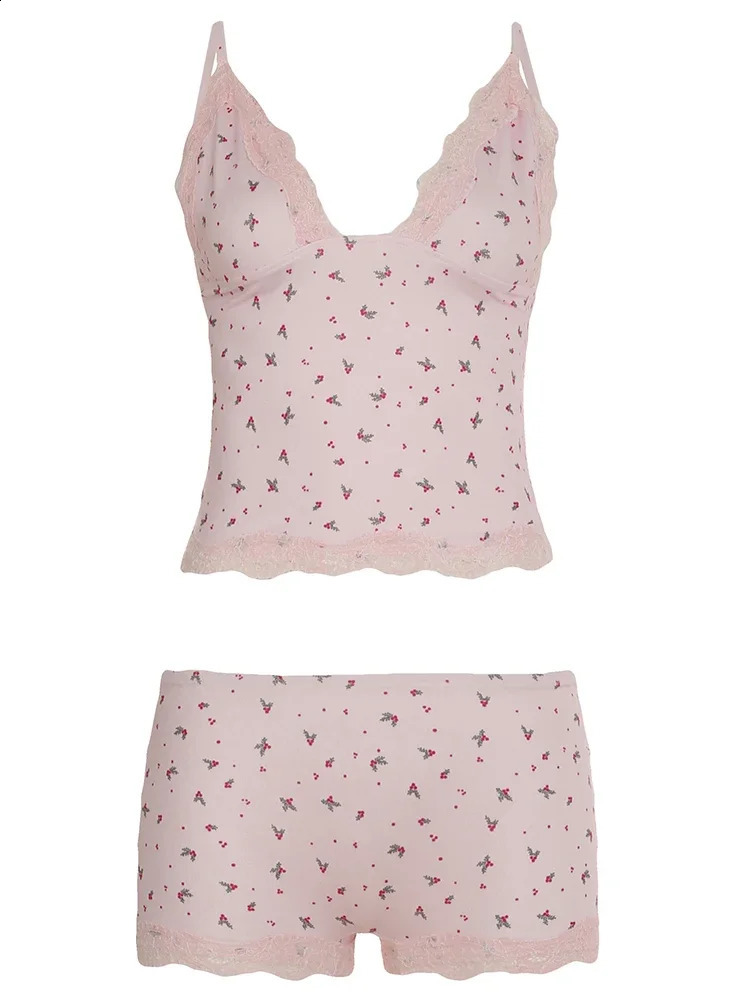 Summer Twopiece Pajamas Set for Women Sleepwear Floral Lace Pink Sleeveless Camisoles and Slim Shorts Loungewear 260625 - view 6