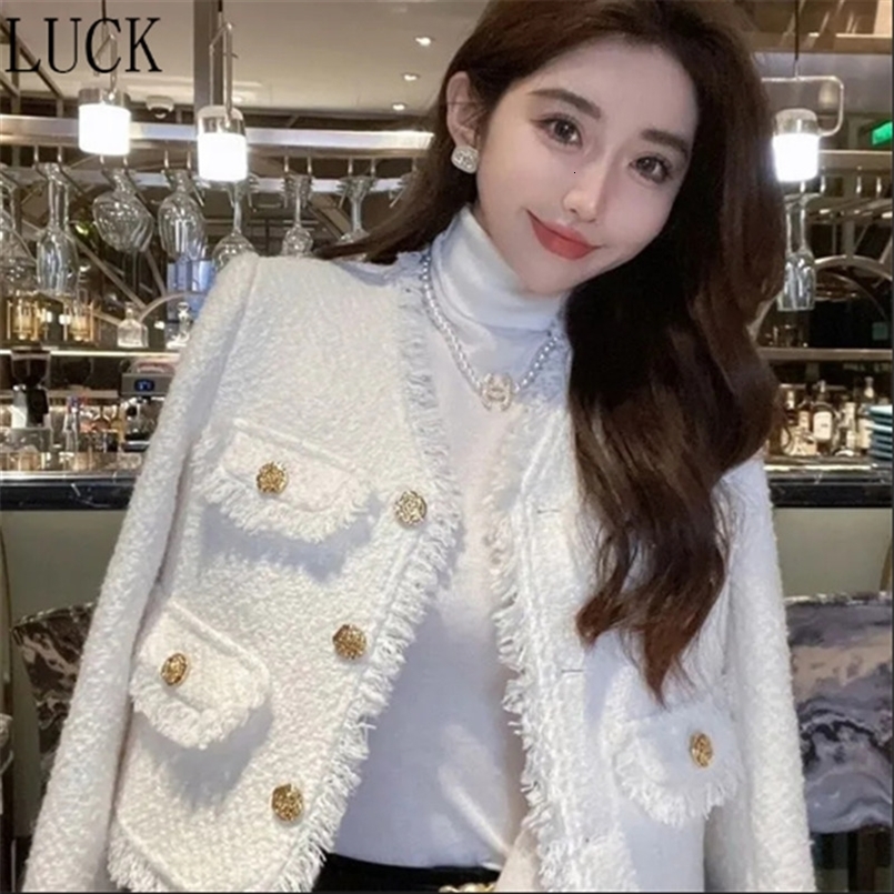 Jackets Small Fragrance Loose V-neck Long-sleeved Coat Spring and Autumn y High-grade Tweed French White Short Coat Woman 260618CJ
