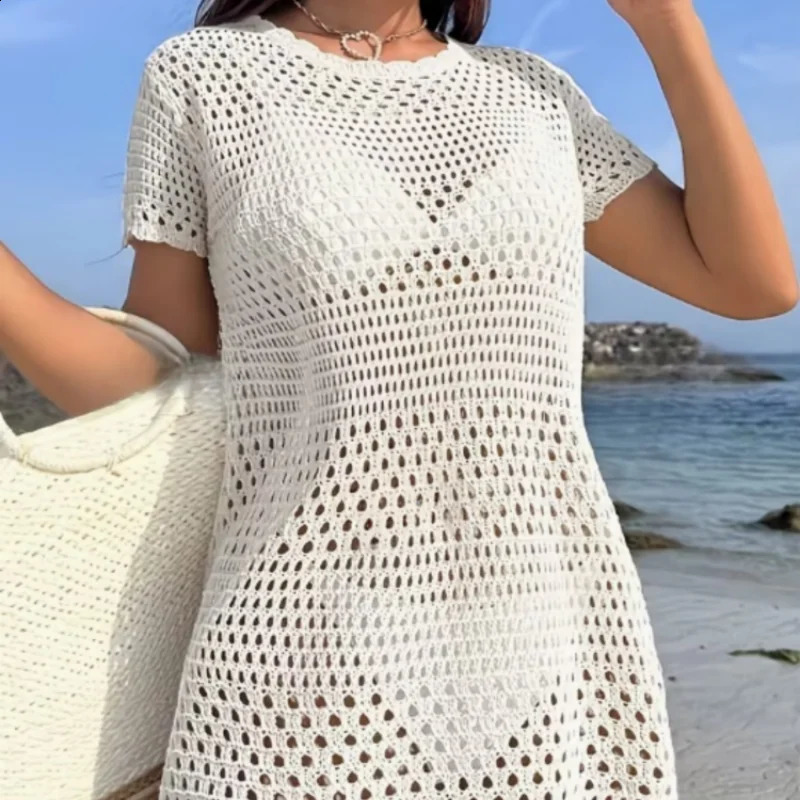 2026 European and American PlusSize Womens Spring Summer Vacation Style Beach Shirt CoverUp Sexy HollowOut Pullover Knit Dress for Women 260625 - view 7