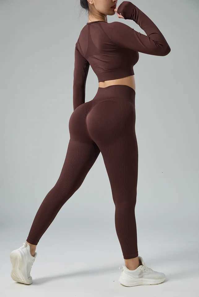 Gym Women Sexy High Waist Matching Set Seamless Yoga Outfit Sets Sportswear Woman Gym Sports Leggings and Long Sleeve Workout M260626 - view 5