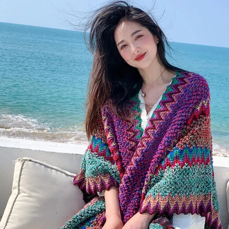 Ethnic Style Cape Oversized Sweater Jacket Women Fashion Loose Patchwork Warm Long Scarf Knitted Cardigan Woman 260625 - view 3