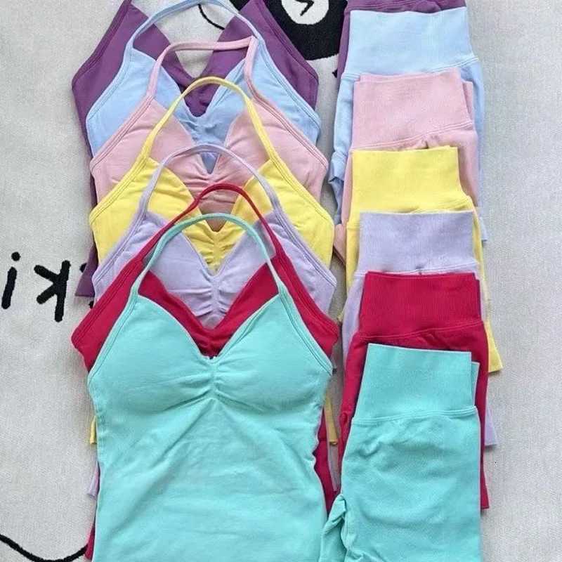 Set Yoga 2 Pieces Gym Women Backless Halter Tops High Waist Seamless Shorts Gym Suit Fitness Sports Bras Sportswear Workout Sets M260626 - view 5