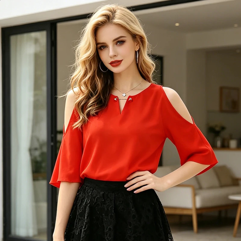 Off Shoulder Short Sleeve Summer Blouse Womens Solid Red V Neck Shirt Casual Loose Top Elegant Office Lady Simple 2026 Blouses 260626