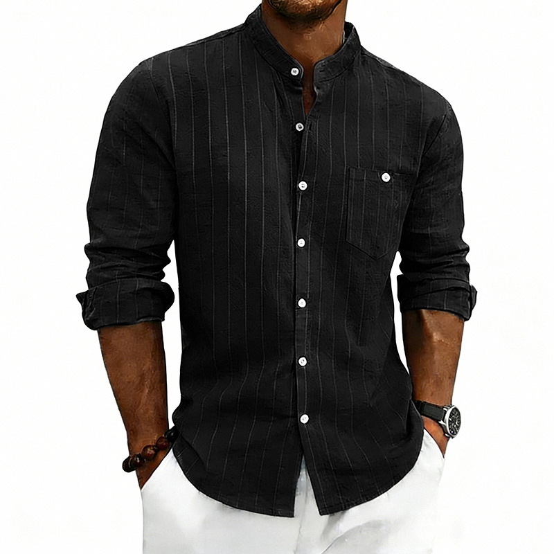 Mens Linen Stand Collar Striped Shirt Spring and Autumn Casual Commuting Trendy Slim Fit Long Sleeve Shirt - view 6