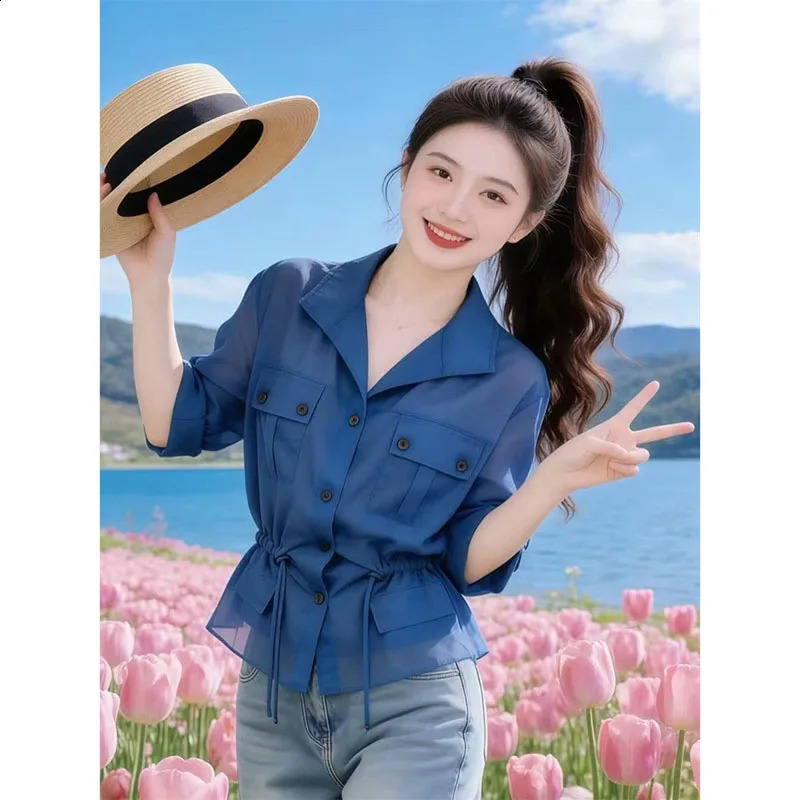 Blue Thin Micro-transparent Shirt coat Womens Spring Summer 2026 Style fashion long sleeve TeeShirts Sunscreen clothing 260626 - view 6
