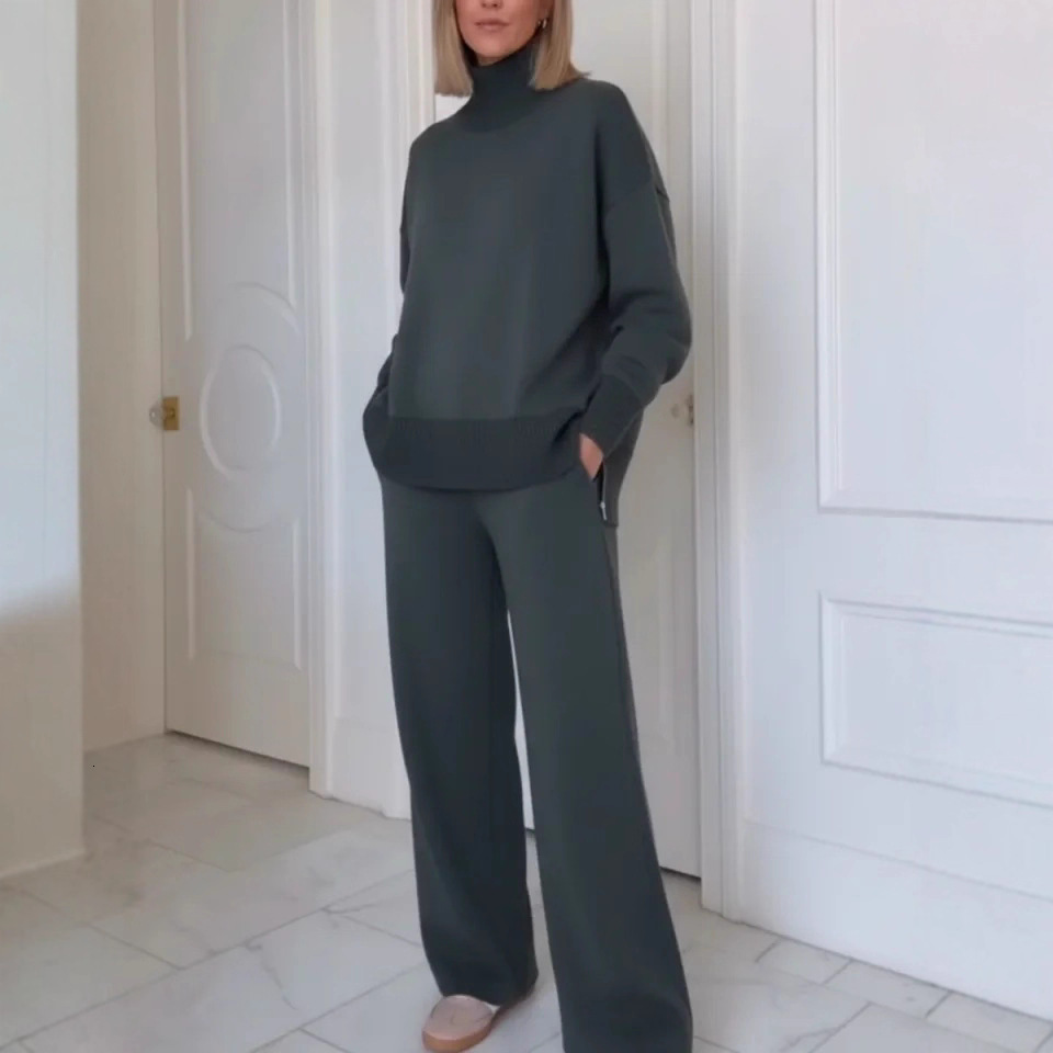 Cross-border independent site European American foreign trade Amazon new loose-fitting solid color stylish sweatshirt and wide-leg pants two-piece set