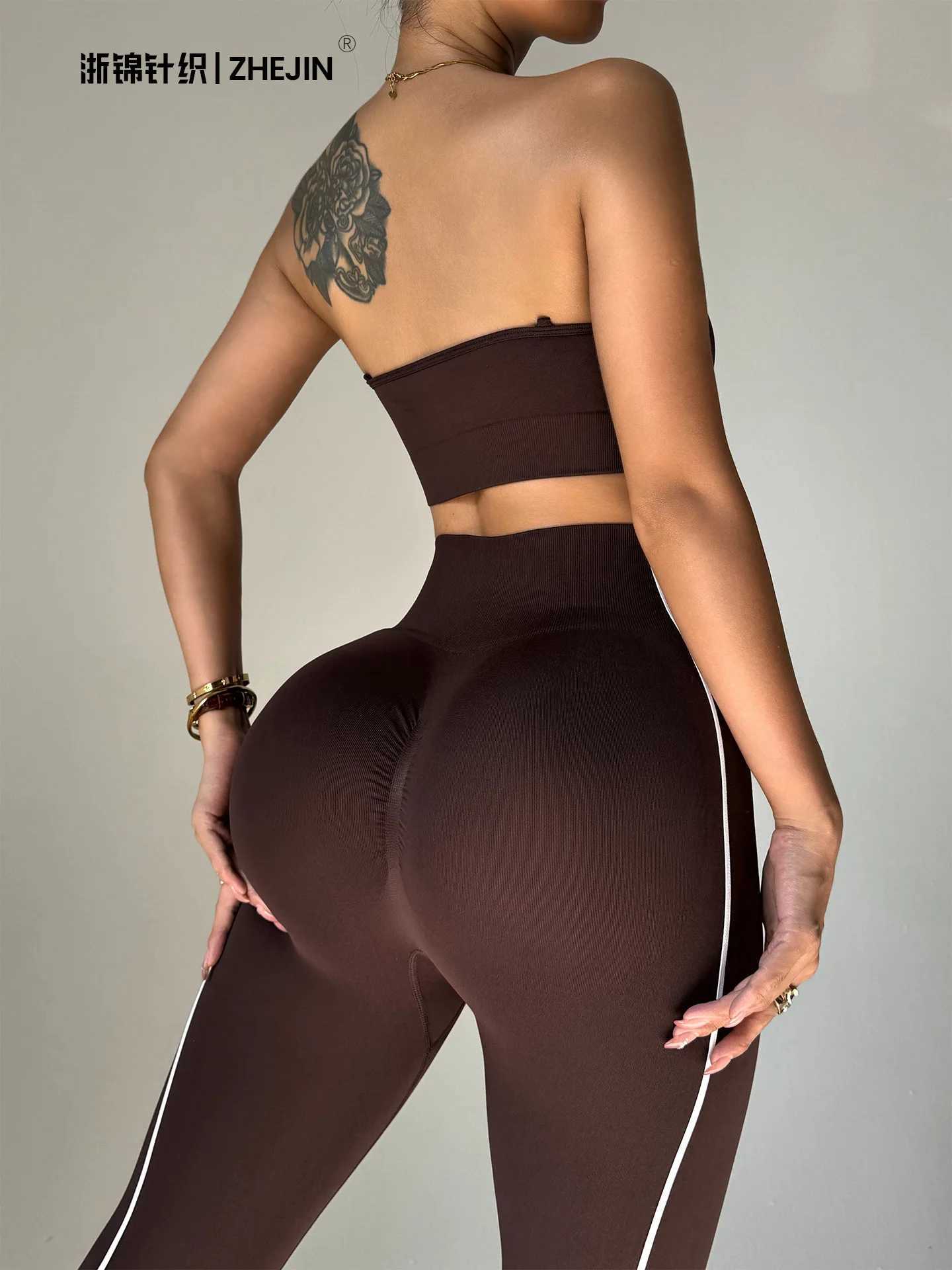 2 Set Women Seamless Yoga Piece Gym Set Contrast Trim Strapless Tube Top High Waist Leggings Workout Suit Fitness Activewear M260626 - view 3