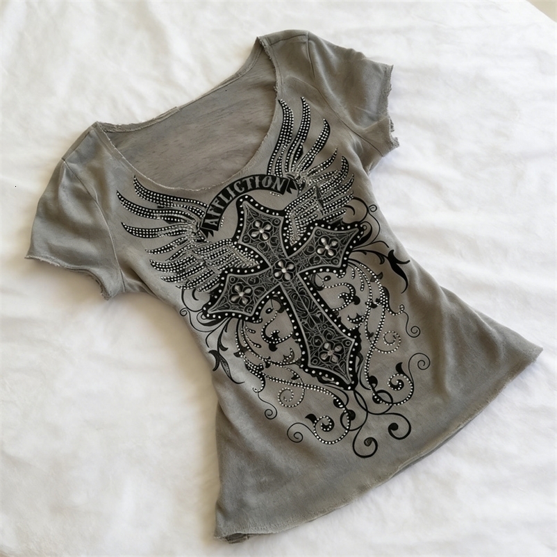 Grey Gothic Tee Women Wing Detail Raw Edge Neck Hem Y2K Aesthetic Streetwear 260625 - view 4
