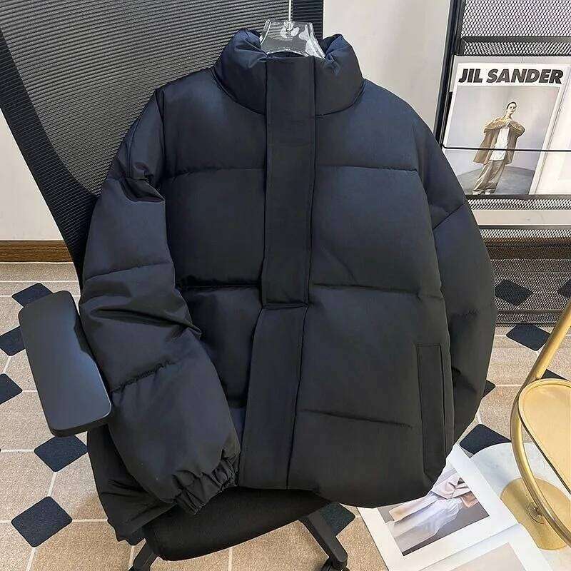 Pure black lightweight down jacket for men, winter youth, two cotton jacket, high street standing collar face W260626