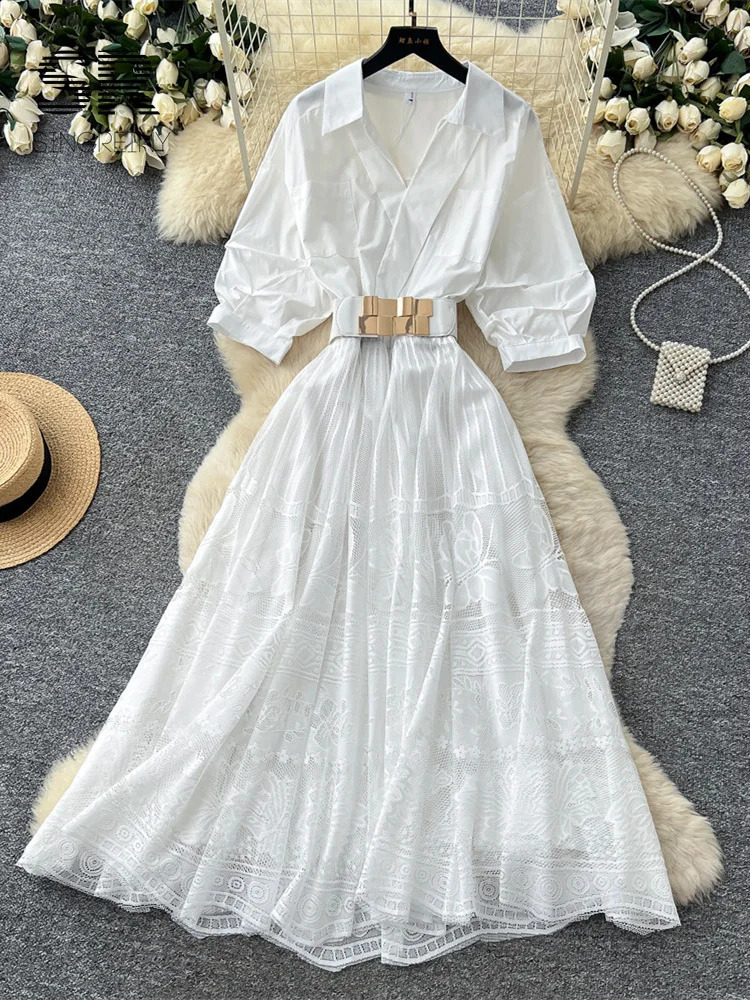 SINGREINY Women Vintage Lace Dress est 2026 Slim French Hollow Out Sashes Patchwork Senior Office Lady Aline Maxi Shirtdress 260625