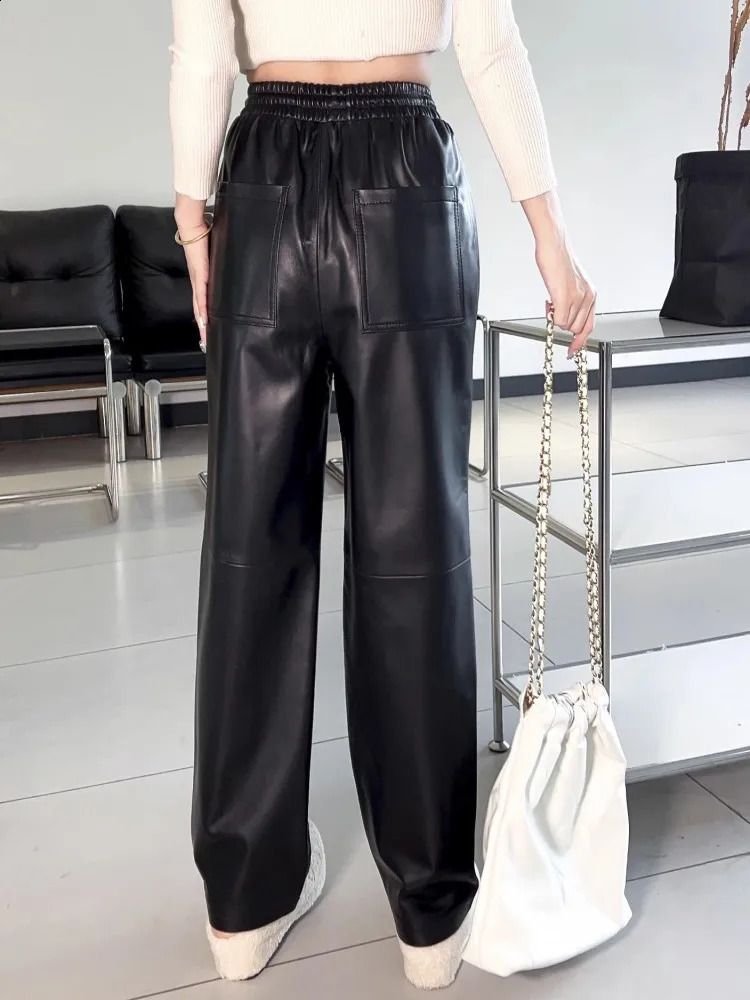 Fashion Women Genuine Leather Sheepskin Pants Spring Autumn High Waist Straight Trousers Street Casual Cargo Female 260625 - view 7