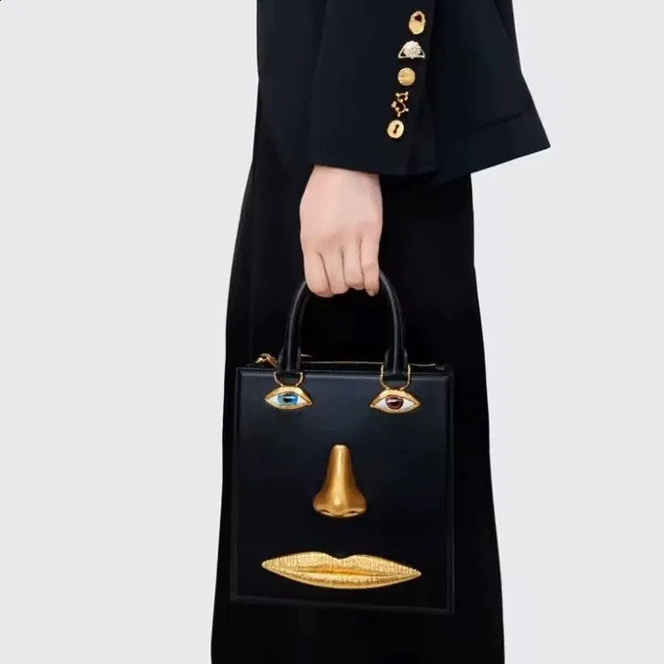 Face Bag Women High Quality Black Leather s Handbag Jewelry Eyes Gold-tone Metal Shoulder Strap Crossbody Bags 260625 - view 4
