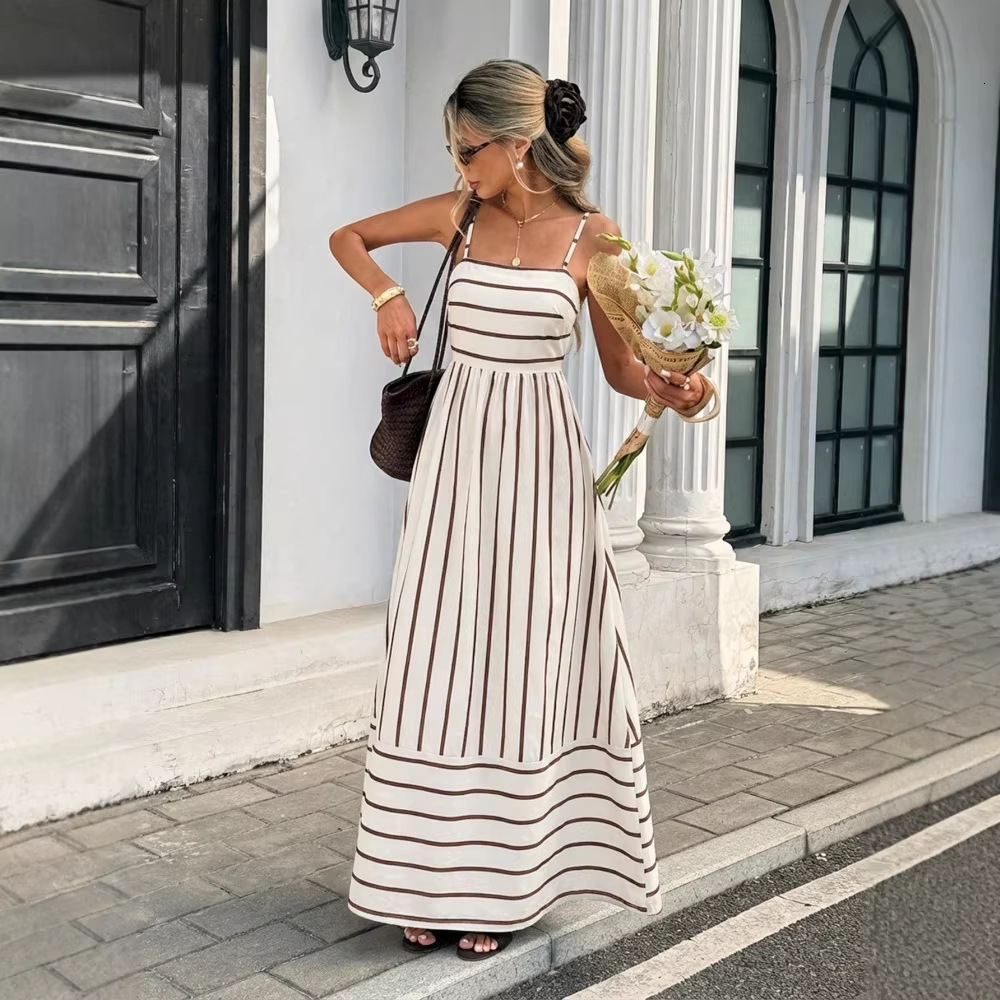New womens French-style resort-style long dress with striped straps casual vacation dress - view 5