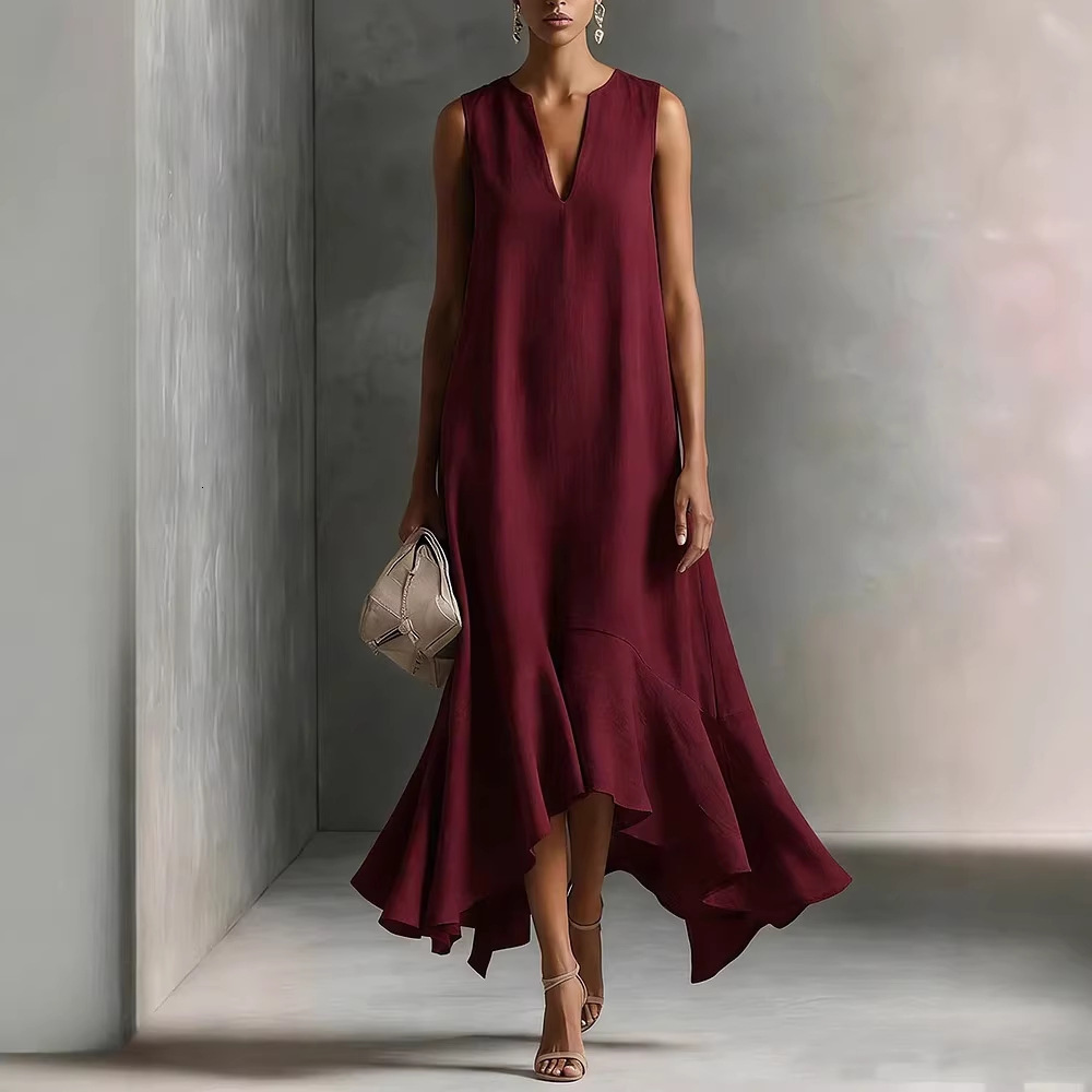New European and American cross-border fashion deep V-neck sleeveless slim-fit dress with an asymmetrical hem - view 5