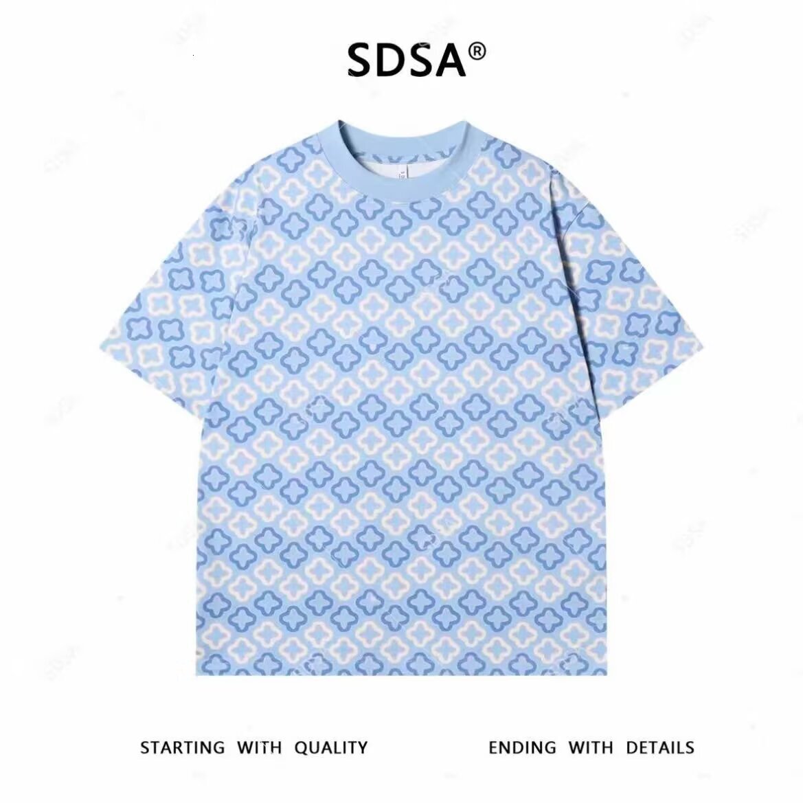 New Men's Stylish Short-Sleeve T-Shirt With Contrasting Blue Four-Leaf Clover Pattern Print, Fashionable Round Neck, Versatile Top - view 3
