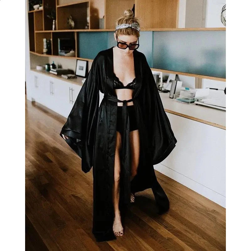Solid Robes Women Black Red Long Sleeve Nightgown Ladies Girls Silk Satin Smooth Spring Lace Sleepwear Female Bathrobe260622