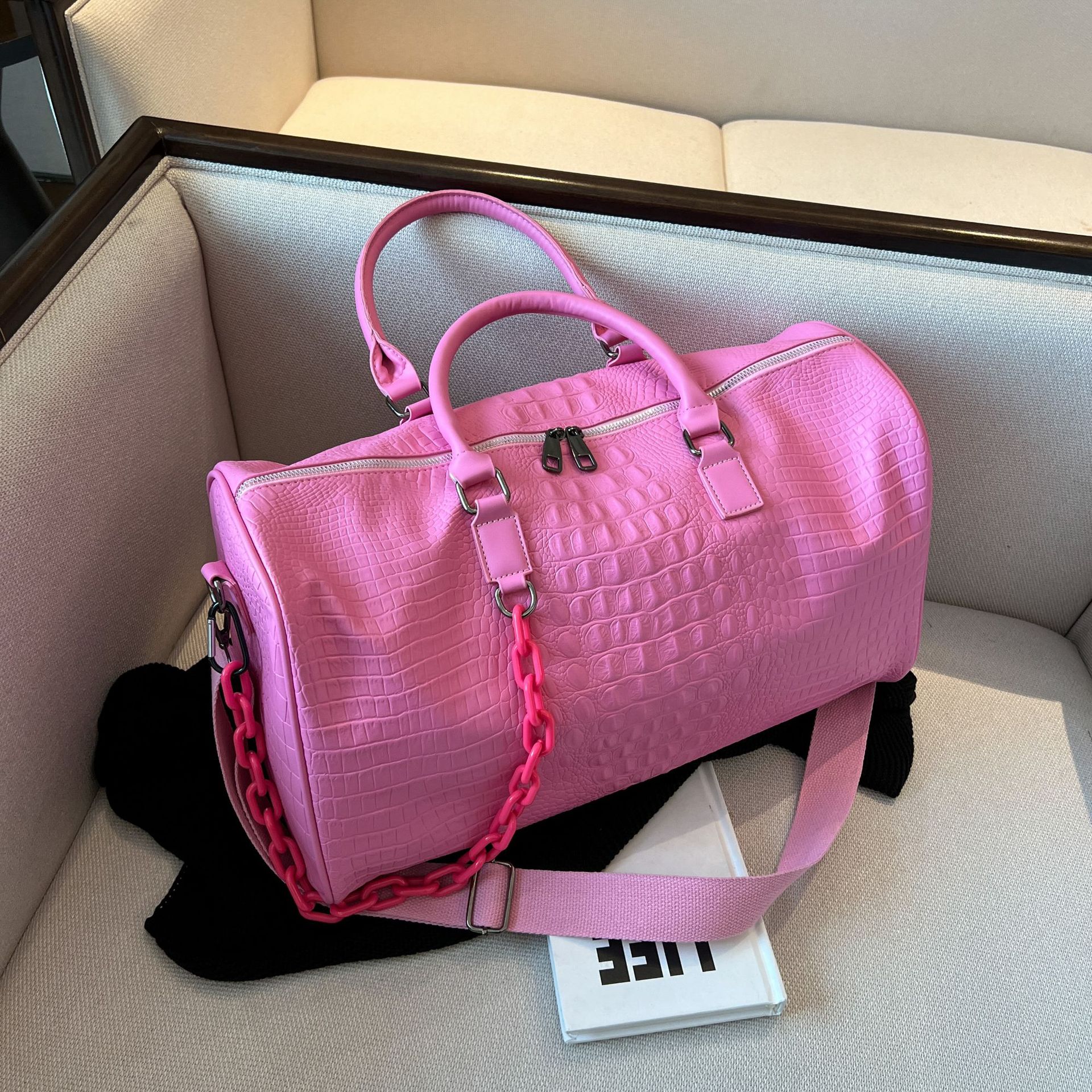Free Shipping 2026 Crocodile Embossed Leather Travel Bag for Women, Large Carry On Duffle with Chain Detail, Premium Sports Gym Overnight Tote - view 4