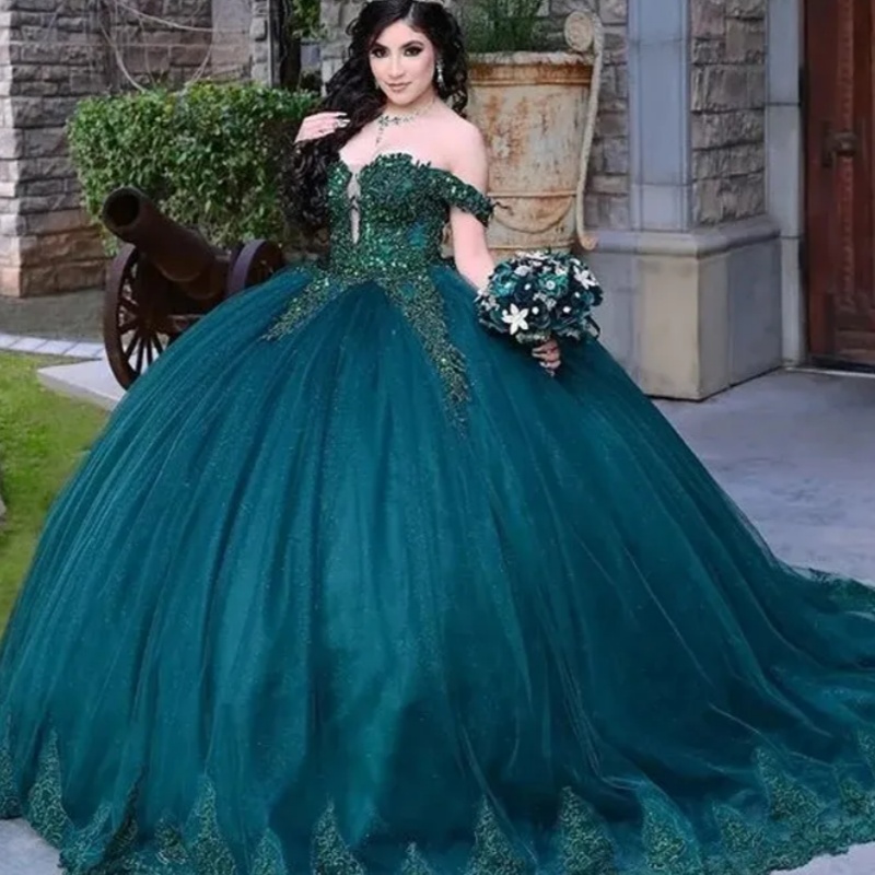 Dark green off-shoulder dress with heavy beading, sequin embroidery, and a long puffy train - Quinceanera vintage forest-style princess dress - view 3